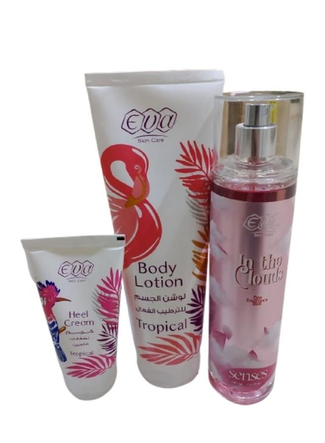 إيفا سكين كير سينسز معطر الجسم – ان ذا كلاودز 240 مل + لوشن الجسم تروبيكال 240 مل + كريم لازاله تشققات الكعبين تروبيكال 60 مل - Image 1