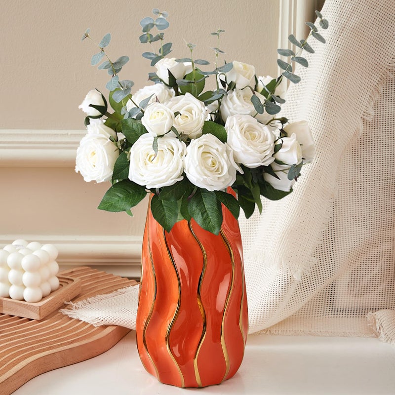 OTARTU Ceramic Vase, Orange Vase for Home Decor,Decorative Flower Vase, Vertical Stripe Ceramic Vases for Home DÃ©cor, Bedroom, Office, Living Room, Bathroom, Tabletop Decor, Centerpiece (Orange) - Image 5