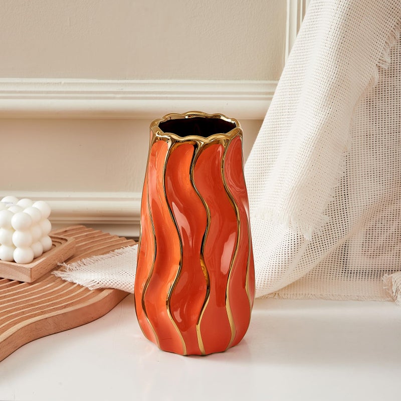 OTARTU Ceramic Vase, Orange Vase for Home Decor,Decorative Flower Vase, Vertical Stripe Ceramic Vases for Home DÃ©cor, Bedroom, Office, Living Room, Bathroom, Tabletop Decor, Centerpiece (Orange) - Image 3