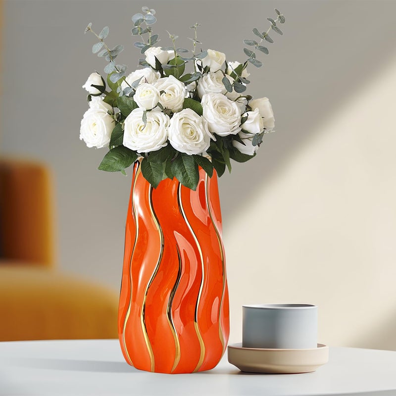 OTARTU Ceramic Vase, Orange Vase for Home Decor,Decorative Flower Vase, Vertical Stripe Ceramic Vases for Home DÃ©cor, Bedroom, Office, Living Room, Bathroom, Tabletop Decor, Centerpiece (Orange) - Image 2