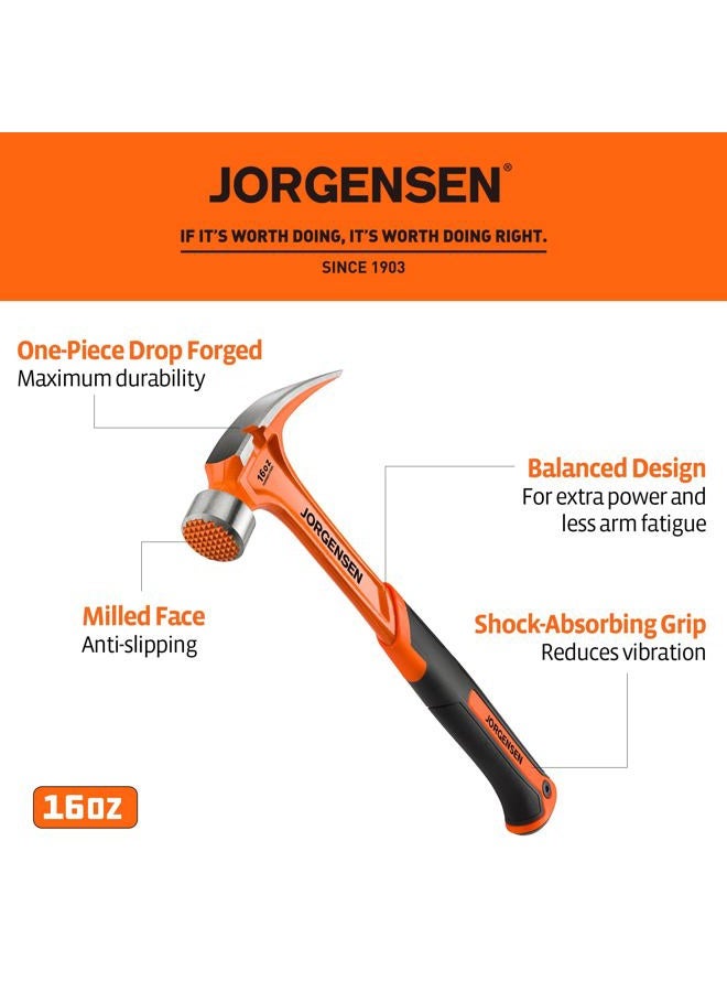 Jorgensen 16 oz Straight Claw Hammer, Rip Claw Hammer with Milled Face & Shock Absorbing Grip, Heavy Duty One-piece Forged Hammer - Image 3