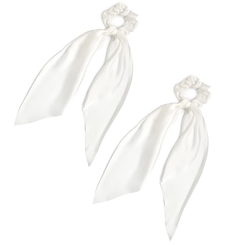 Pack of 2 Knotted Bow Hair Scrunchies Elastic Hair Scarf Hair Ties Bands Silky Satin Hair Ribbon Scrunchy Ponytail Holder for Women and Girls White