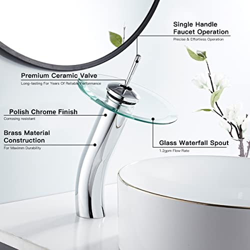 Chiczam Bathroom Vessel Faucet Chrome Waterfall Glass Spout Single Handle One Hole Bowl Sink Faucet Tall Body Vanity Lavatory Basin Mixer Tap with Supply Hose Deck Mount Commercial - Image 5
