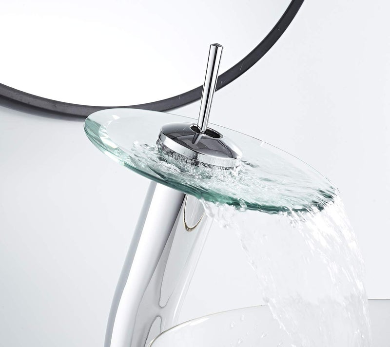 Chiczam Bathroom Vessel Faucet Chrome Waterfall Glass Spout Single Handle One Hole Bowl Sink Faucet Tall Body Vanity Lavatory Basin Mixer Tap with Supply Hose Deck Mount Commercial - Image 4