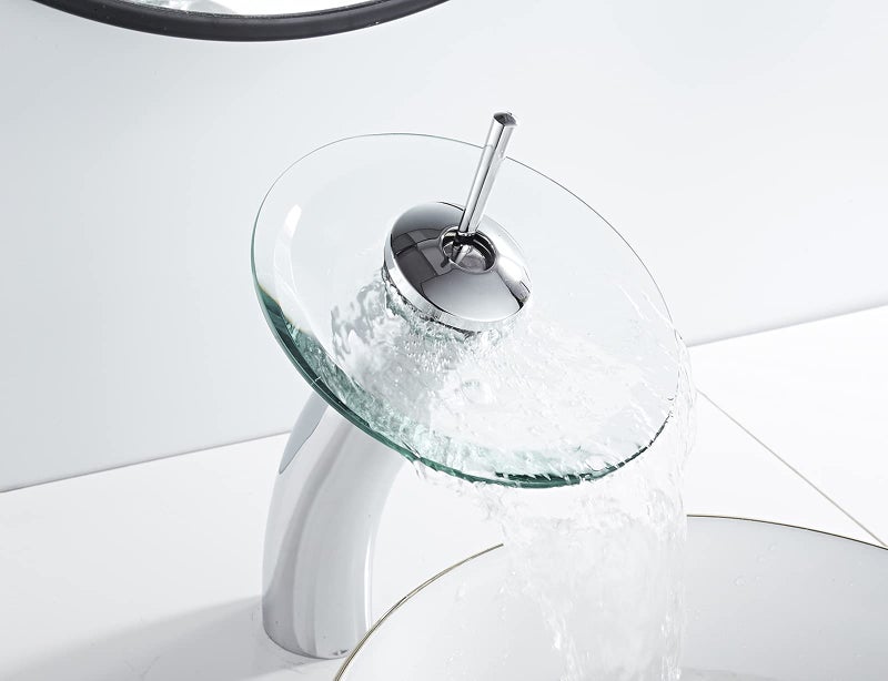 Chiczam Bathroom Vessel Faucet Chrome Waterfall Glass Spout Single Handle One Hole Bowl Sink Faucet Tall Body Vanity Lavatory Basin Mixer Tap with Supply Hose Deck Mount Commercial - Image 3