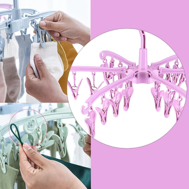 BONYCUST Foldable Drying Rack with 24 Clips for Drying Socks Lingerie Baby Clothes Drying Towels Rotatable Sock Drying Rack 2 PCS (Pink) - Image 3