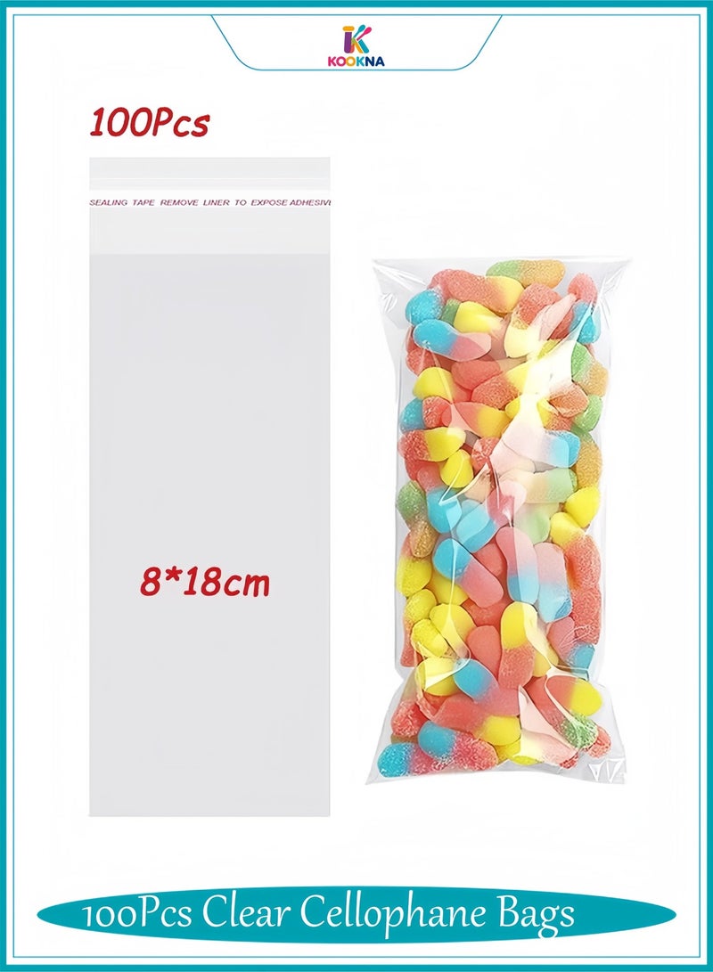 KOOKNA 100 Pcs Plastic Bag Self-Sealing, Candy Bags for Gifts, Cookies Bag for Bakery, Resealable Clear Cellophane Pouches, Moisture-Proof and Crystal Clear Visibility, 8x18cm (100 Pcs) - Image 1