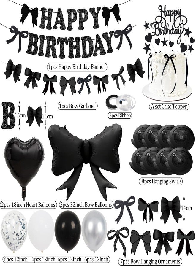 Douvelue Black Bow Birthday Decorations, Happy Birthday Banner Garland and Hanging Swirls, 28Pcs Balloons, Cake Toppers, Bow Themed Party Decorations for Girls Women - Image 2