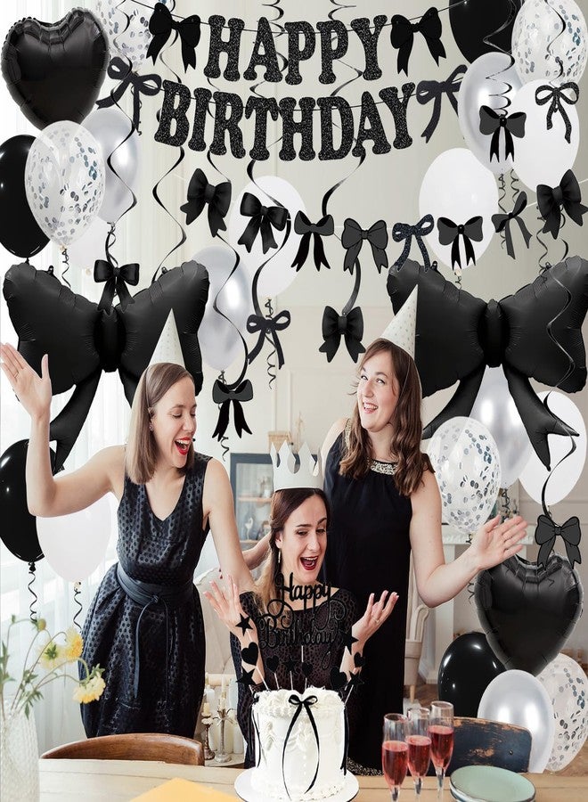 Douvelue Black Bow Birthday Decorations, Happy Birthday Banner Garland and Hanging Swirls, 28Pcs Balloons, Cake Toppers, Bow Themed Party Decorations for Girls Women - Image 3