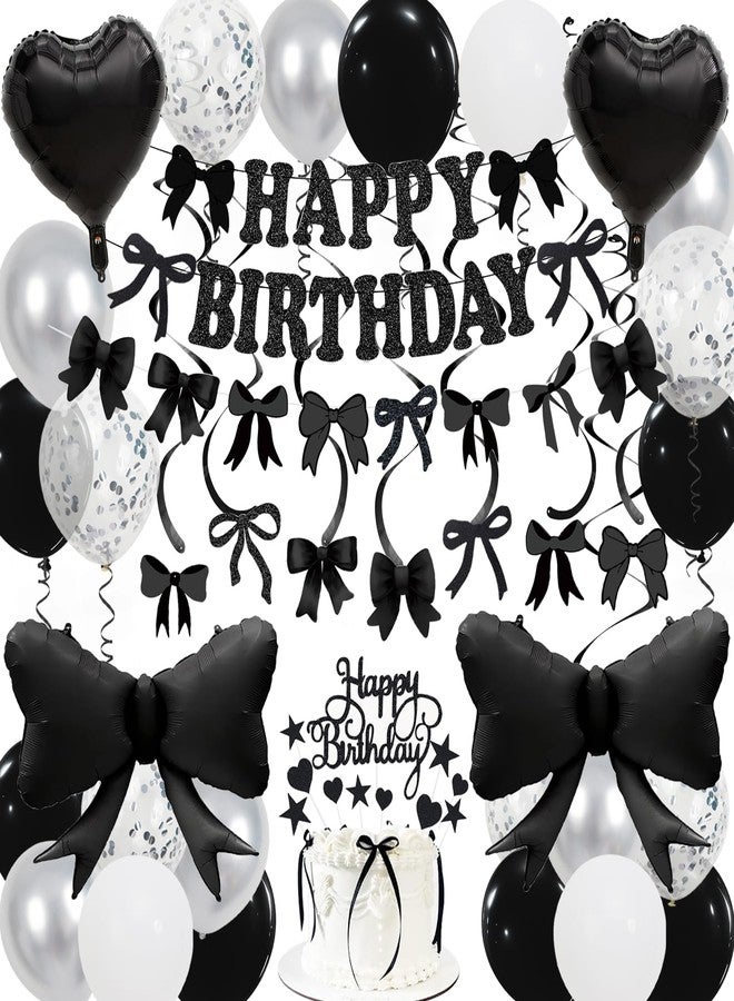Douvelue Black Bow Birthday Decorations, Happy Birthday Banner Garland and Hanging Swirls, 28Pcs Balloons, Cake Toppers, Bow Themed Party Decorations for Girls Women - Image 1