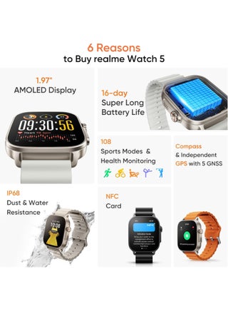 Watch 5 Smartwatch, 1.97" AMOLED screen, +100 Sport modes, Health Monitoring, NFC,GPS, IP68 - Titanium Black - view 3