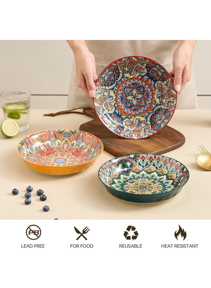 3 Pack Bohemian Ceramic Pasta Bowls, 8 inch 32 oz Serving Bowls, Colorful Dinner Bowls for Soup,Salad, and Pasta, Kitchen, Microwave, Dishwasher Safe, mexican, Bohemian Style - Image 5