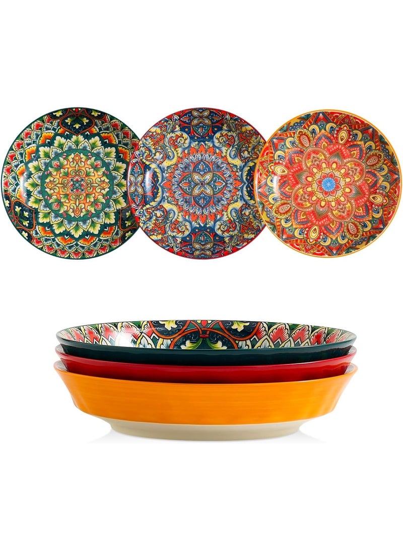 3 Pack Bohemian Ceramic Pasta Bowls, 8 inch 32 oz Serving Bowls, Colorful Dinner Bowls for Soup,Salad, and Pasta, Kitchen, Microwave, Dishwasher Safe, mexican, Bohemian Style - Image 1