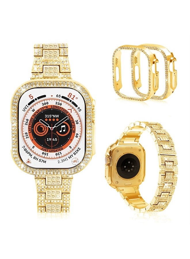 Compatible with Apple Watch Band Ultra 49mm with Case Women, Bling Metal Wristband Strap with 2 Pack Bling PC Protective Cover for iWatch 49mm Series Ultra(49mm, Gold)