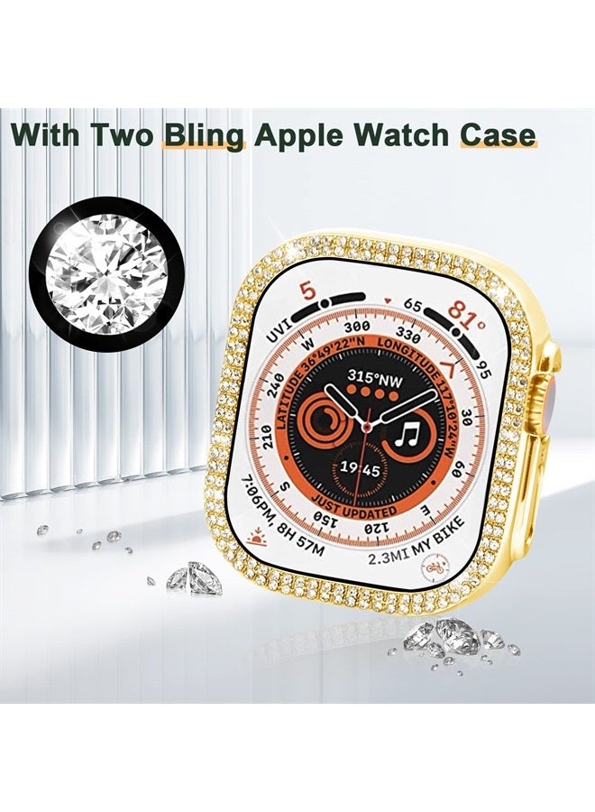 Mosonio Compatible with Apple Watch Band Ultra 49mm with Case Women, Bling Metal Wristband Strap with 2 Pack Bling PC Protective Cover for iWatch 49mm Series Ultra(49mm, Gold) - Image 4