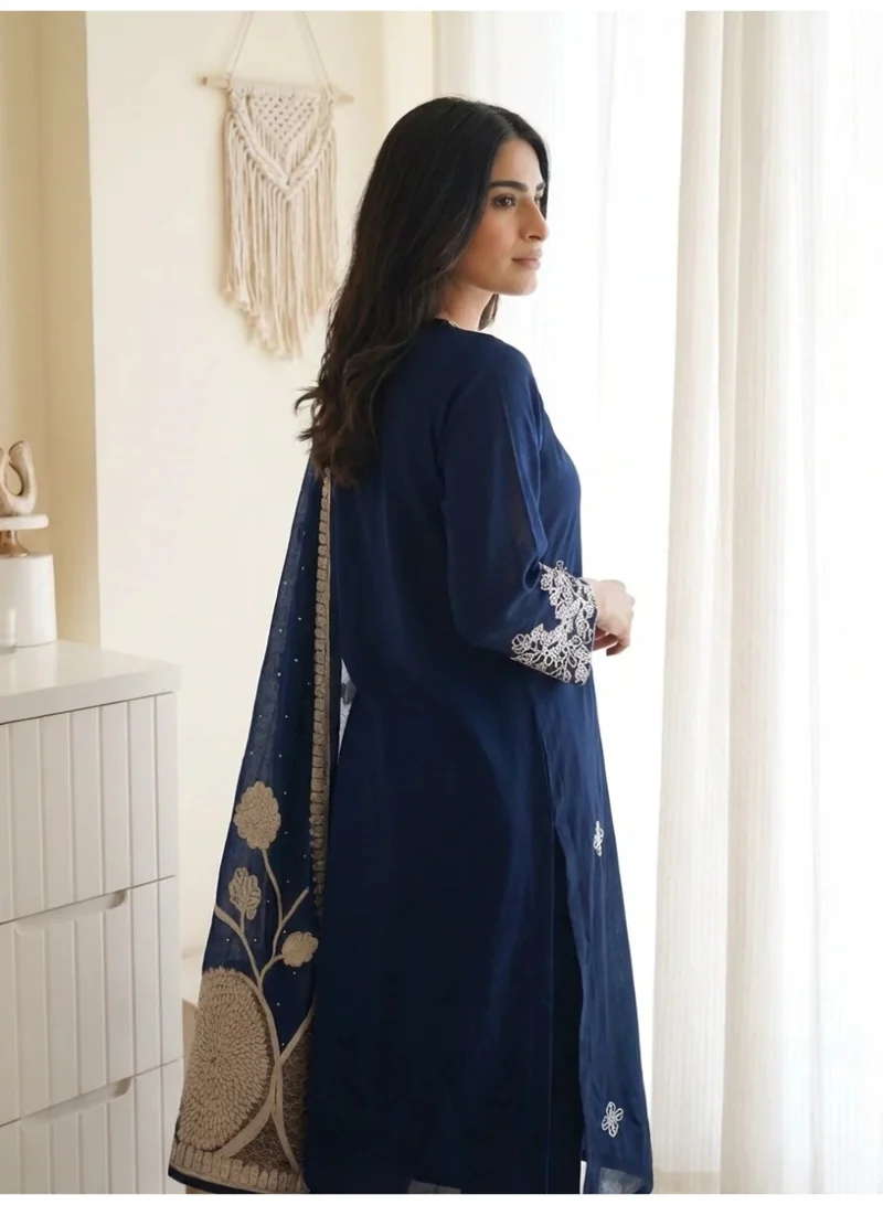 Priya’s Panache blue Women Blue Embroidered Muslin Kurta Set with Dupatta and Straight Pants 3 Piece Ethnic Indian Pakistani Suit for Ladies for Women | Best Price UAE