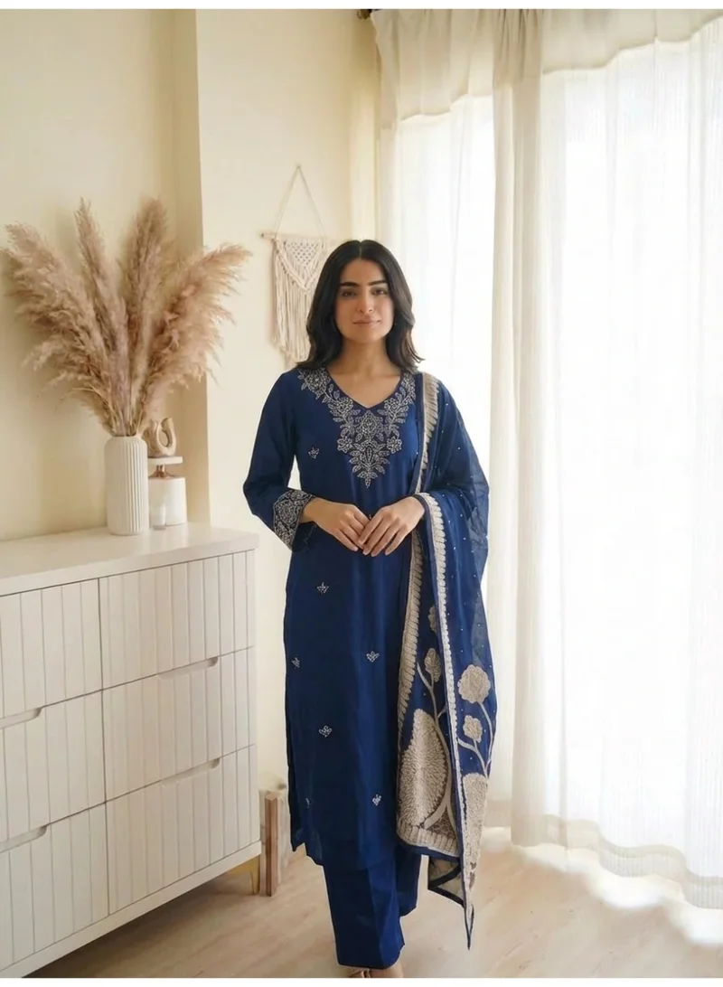 Priya’s Panache blue Women Blue Embroidered Muslin Kurta Set with Dupatta and Straight Pants 3 Piece Ethnic Indian Pakistani Suit for Ladies for Women | Best Price UAE
