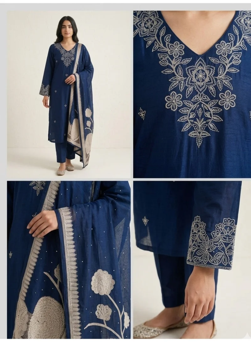 Priya’s Panache blue Women Blue Embroidered Muslin Kurta Set with Dupatta and Straight Pants 3 Piece Ethnic Indian Pakistani Suit for Ladies for Women | Best Price UAE