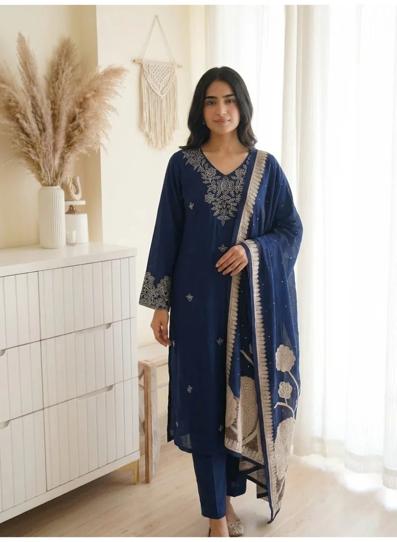Priya’s Panache blue Women Blue Embroidered Muslin Kurta Set with Dupatta and Straight Pants 3 Piece Ethnic Indian Pakistani Suit for Ladies for Women | Best Price UAE