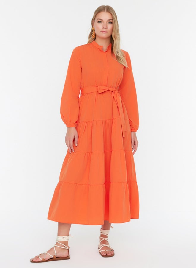 trendyol Orange Belted Big Collar Button Detailed Woven Dress TCTSS21EL3343 - Image 2