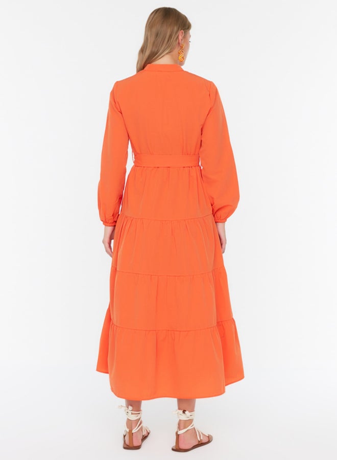 trendyol Orange Belted Big Collar Button Detailed Woven Dress TCTSS21EL3343 - Image 5
