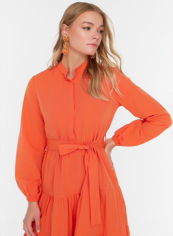 trendyol Orange Belted Big Collar Button Detailed Woven Dress TCTSS21EL3343 - Image 3