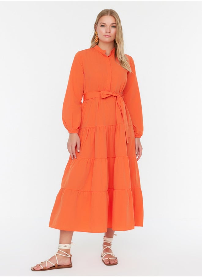 trendyol Orange Belted Big Collar Button Detailed Woven Dress TCTSS21EL3343  - Image 1