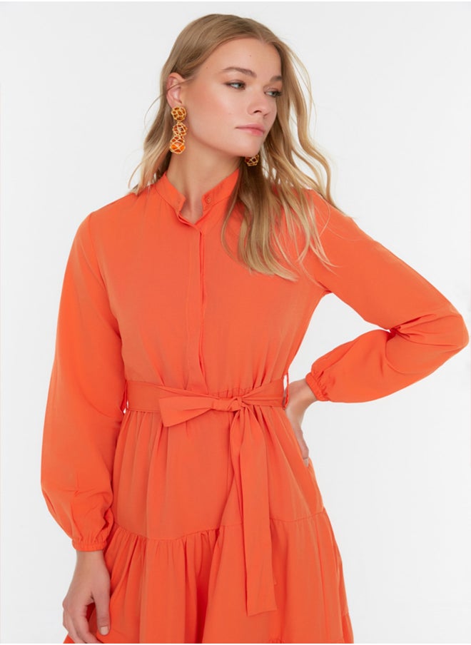 trendyol Orange Belted Big Collar Button Detailed Woven Dress TCTSS21EL3343  - Image 2