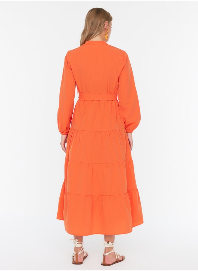 trendyol Orange Belted Big Collar Button Detailed Woven Dress TCTSS21EL3343  - Image 5
