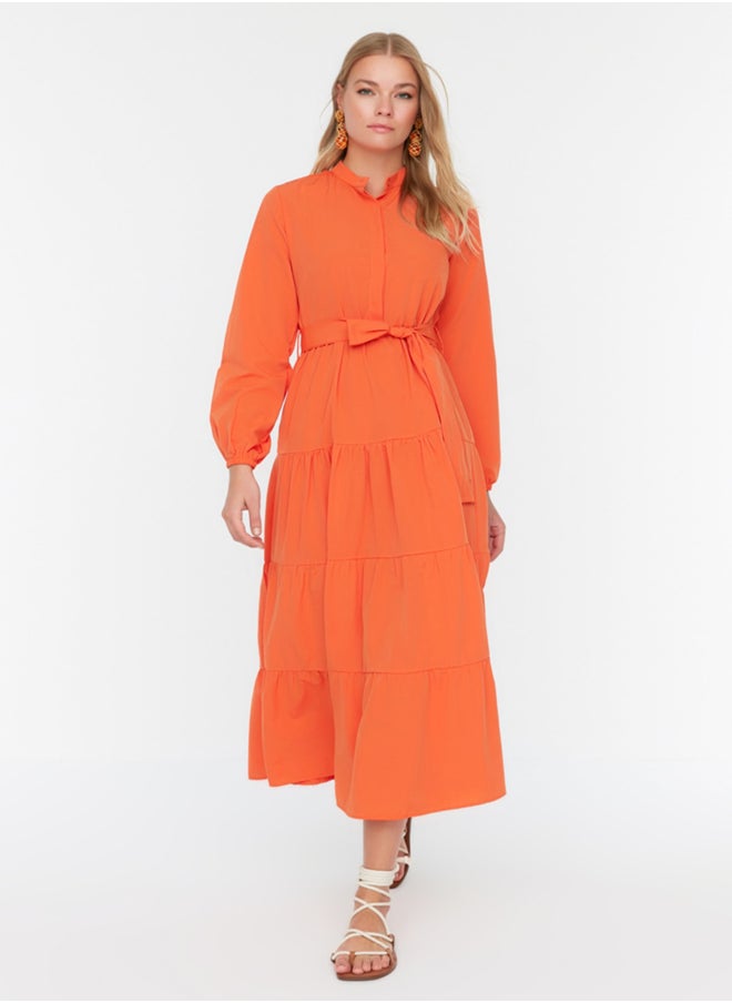 trendyol Orange Belted Big Collar Button Detailed Woven Dress TCTSS21EL3343  - Image 4