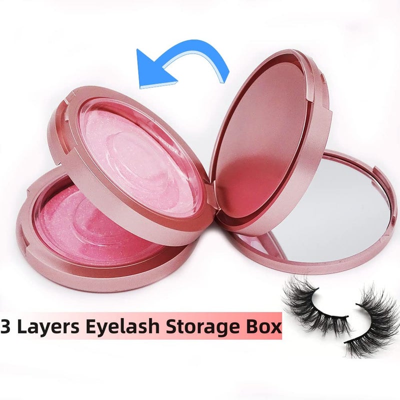 JYHi 3 Layers Eyelash Storege Box with Mirror Circle Eyelash Holder Case with Lashes Trays & New Lash Clip Applicator Eye Makeup Tool for Women Girls Travel Case Pink - Image 3