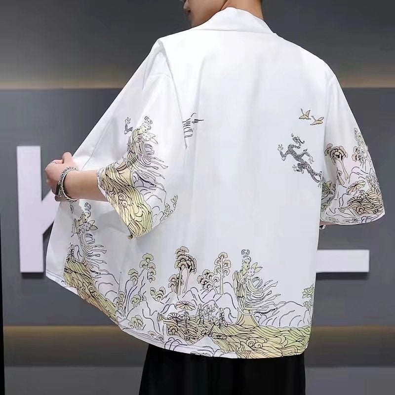 كارديغان كيمونو زوجين ريترو داكن بأسلوب صيني للرجال والنساء بأكمام 3/4 فضفاضة مزينة بطائر الكركي - Image 5