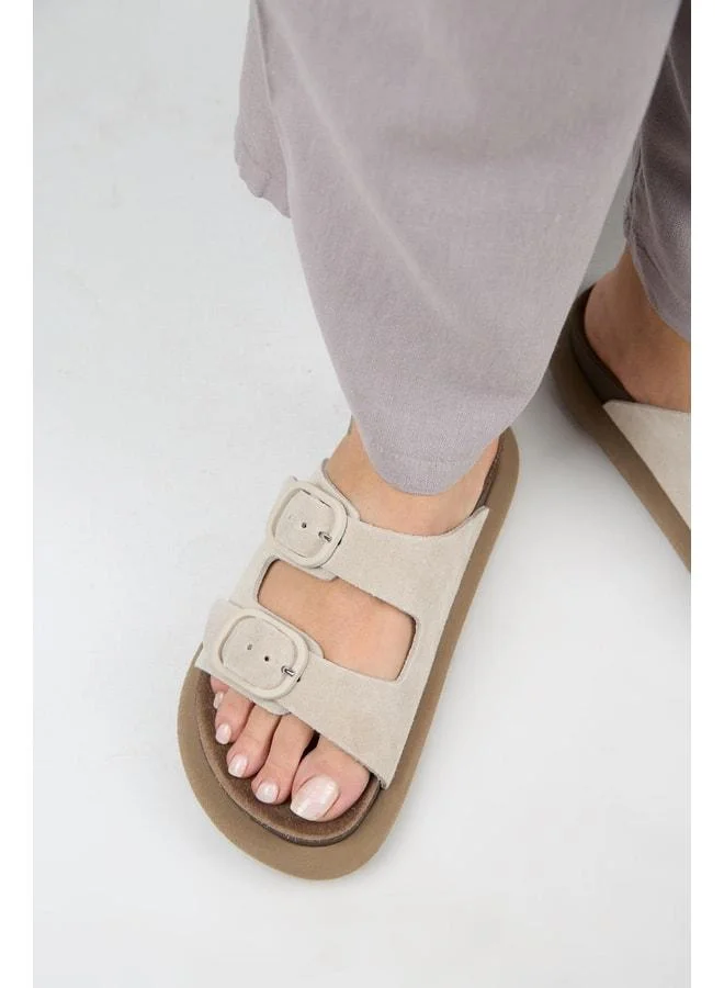 (Lavanda 2) Women's Genuine Leather Double Buckle Beige Slippers