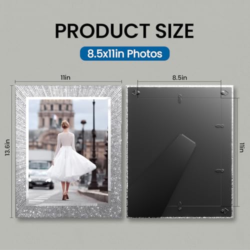 Flocey 8.5x11 Glass Picture Frame Set of 2, Glitter Photo Frame for Tabletop or Wall Display, Spaekle 8.5 by 11 Silver Wedding Frame - Image 2