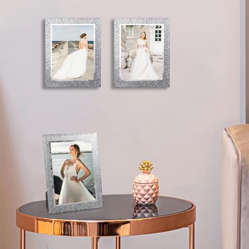 Flocey 8.5x11 Glass Picture Frame Set of 2, Glitter Photo Frame for Tabletop or Wall Display, Spaekle 8.5 by 11 Silver Wedding Frame - Image 4