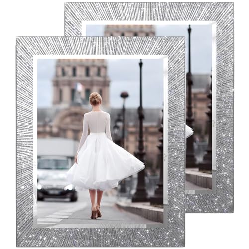 Flocey 8.5x11 Glass Picture Frame Set of 2, Glitter Photo Frame for Tabletop or Wall Display, Spaekle 8.5 by 11 Silver Wedding Frame - Image 1