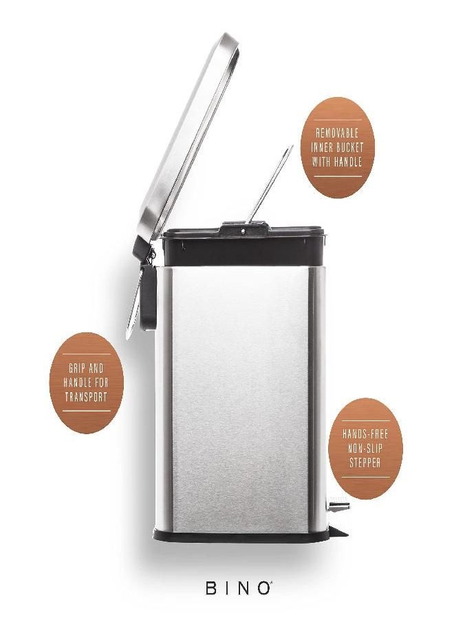 BINO - BINO | Rectangular Step Trash Can | 1.3 Gallon/5 Liter Stainless Steel Trash Can with Lid | Home or Office Bathroom Trash Cans with Lids | Kitchen Garbage Can with Non-Slip Stepper | Brushed Steel - Image 1