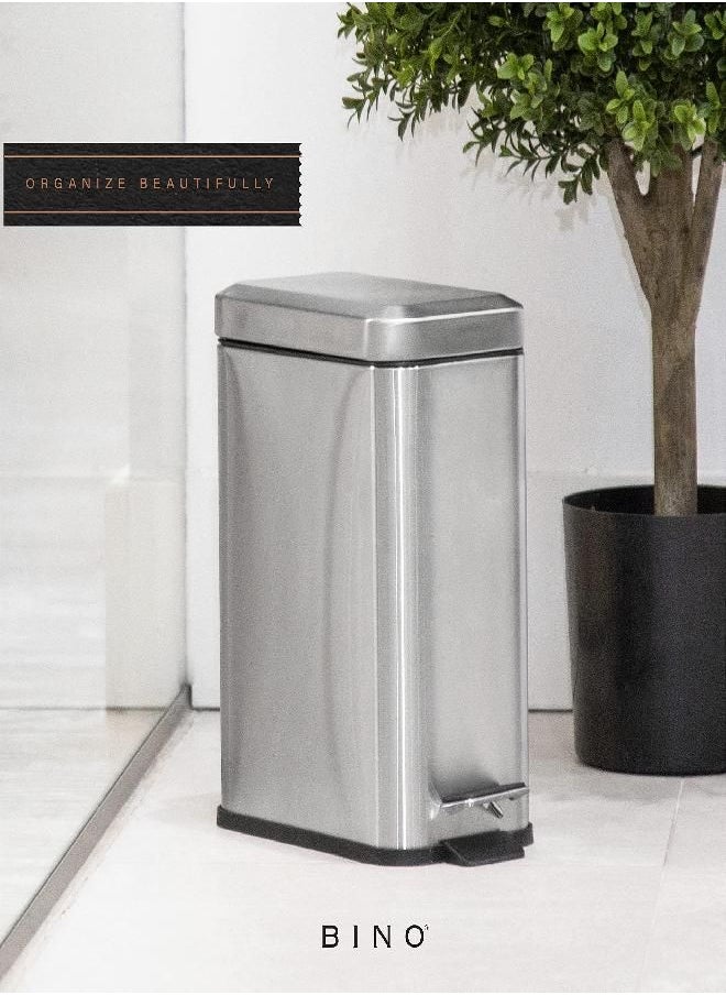 BINO - BINO | Rectangular Step Trash Can | 1.3 Gallon/5 Liter Stainless Steel Trash Can with Lid | Home or Office Bathroom Trash Cans with Lids | Kitchen Garbage Can with Non-Slip Stepper | Brushed Steel - Image 1