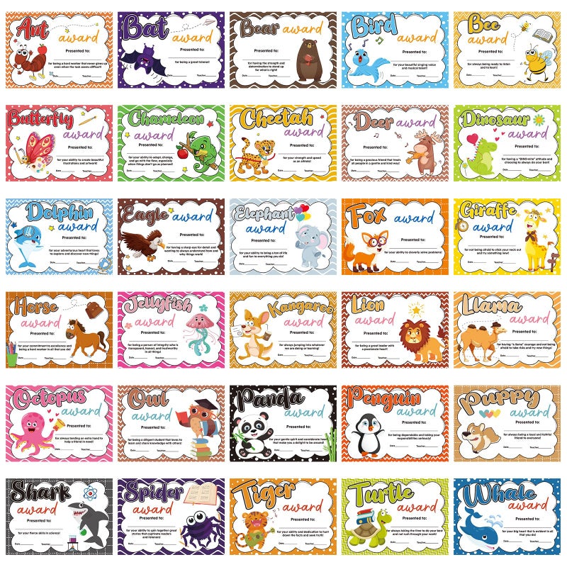 Sherr 60 Pcs Student of Award Certificates for Kids End of School Year Certificate of Achievement Student Recognition Award Achievement Graduation Teacher and Classroom Supplies(Animal) - Image 1