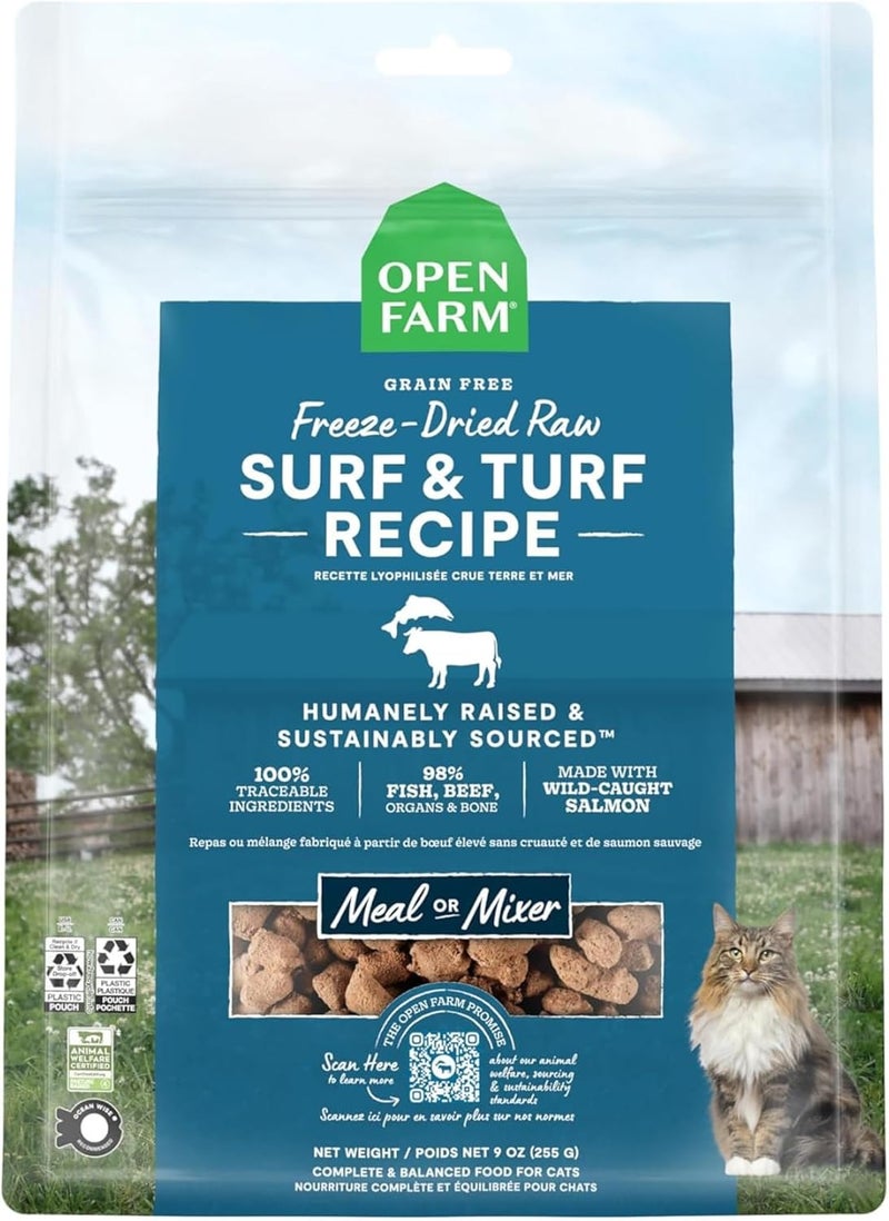 Open Farm, Freeze Dried Raw Cat Food, Complete Meal Morsels or Cat Treats with 92% Meat, Organs & Bone, Surf & Turf Recipe, 9oz Bag - Image 1