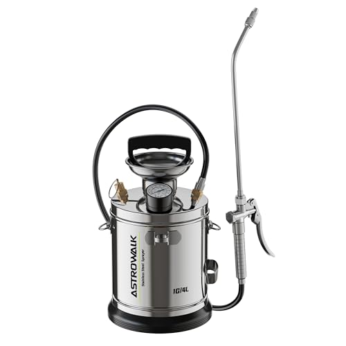 ASTRWK 1 Gallon Stainless Steel Pump Sprayer, Lightweight Garden Sprayer with 20" Wand & 4FT Hose for Plants, Weed Control & Pest Control, Durable Handheld Pressure Sprayer with Viton Seals - Image 1