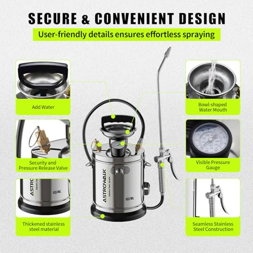 ASTRWK 1 Gallon Stainless Steel Pump Sprayer, Lightweight Garden Sprayer with 20" Wand & 4FT Hose for Plants, Weed Control & Pest Control, Durable Handheld Pressure Sprayer with Viton Seals - Image 3