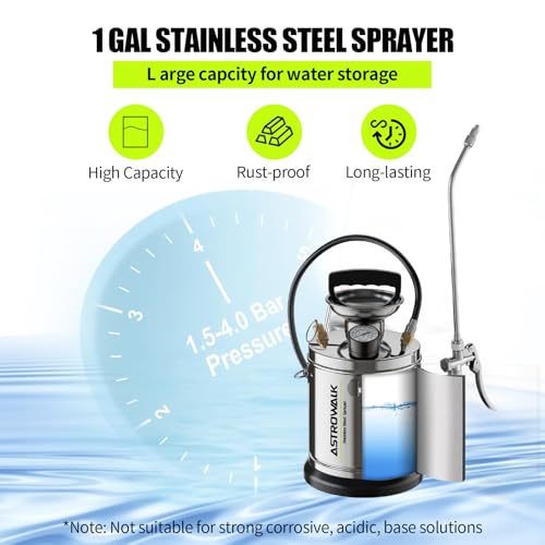ASTRWK 1 Gallon Stainless Steel Pump Sprayer, Lightweight Garden Sprayer with 20" Wand & 4FT Hose for Plants, Weed Control & Pest Control, Durable Handheld Pressure Sprayer with Viton Seals - Image 2