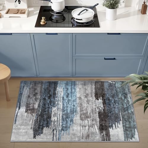 Ciicool Modern Abstract Area Rug 2x3 Washable Small Entryway Rug NonSlip Low Pile Throw Rug Foldable Kitchen Bathroom Rugs Blue Grey Floor Carpet for Entrance Living Room Bedroom Indoor Doormat - Image 3