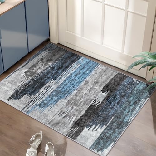 Ciicool Modern Abstract Area Rug 2x3 Washable Small Entryway Rug NonSlip Low Pile Throw Rug Foldable Kitchen Bathroom Rugs Blue Grey Floor Carpet for Entrance Living Room Bedroom Indoor Doormat - Image 1