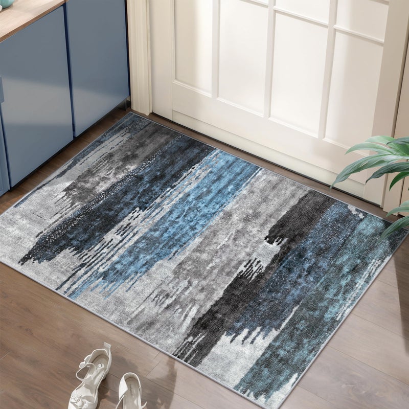 Ciicool Modern Abstract Area Rug 2x3 Washable Small Entryway Rug NonSlip Low Pile Throw Rug Foldable Kitchen Bathroom Rugs Blue Grey Floor Carpet for Entrance Living Room Bedroom Indoor Doormat - Image 2