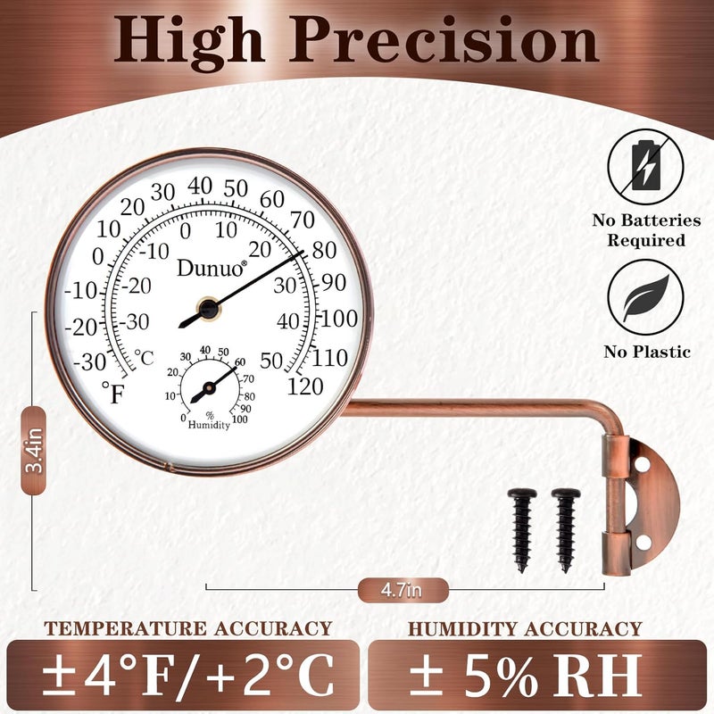 DUNUO Outdoor Thermometer - Weatherproof & Decorative Outside Temperature Gauge for Window, Greenhouse Accessories and Patio (Easy-Read Brass Swivel Design) (4inch with Longer arm) - Image 2