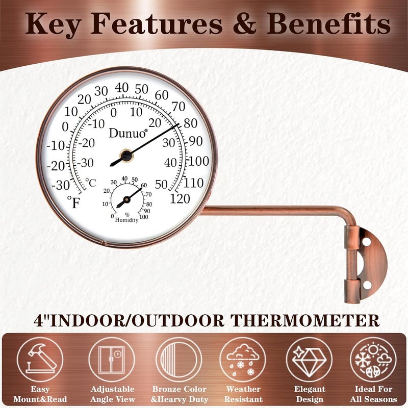 DUNUO Outdoor Thermometer - Weatherproof & Decorative Outside Temperature Gauge for Window, Greenhouse Accessories and Patio (Easy-Read Brass Swivel Design) (4inch with Longer arm) - Image 3
