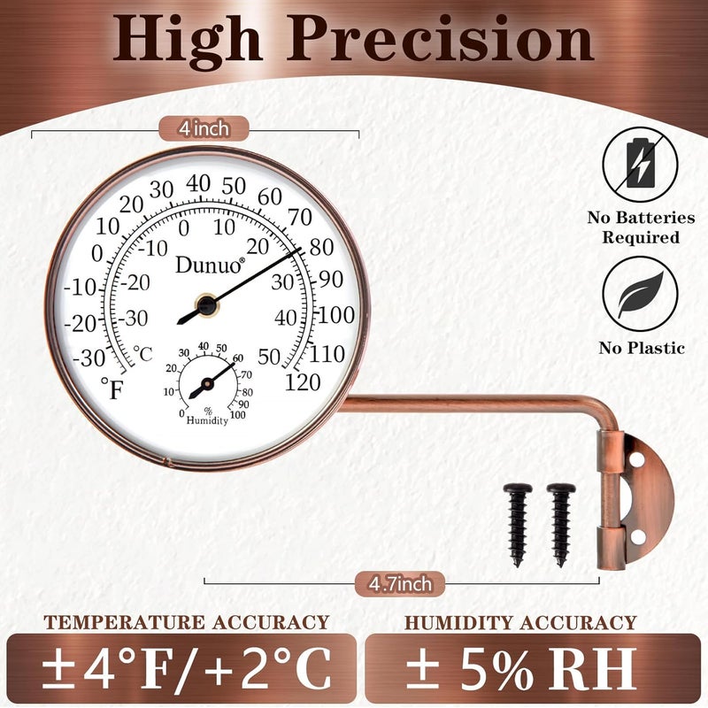 DUNUO Outdoor Thermometer - Weatherproof & Decorative Outside Temperature Gauge for Window, Greenhouse Accessories and Patio (Easy-Read Brass Swivel Design) (4inch with Longer arm) - Image 5