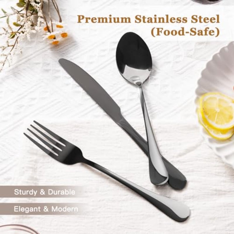 24-Piece Black Silverware Set with Steak Knives Flatware Set for 4 Food-Grade Stainless Steel Cutlery Set Mirror Polished Utensils Set Include Spoons and Forks for Home Kitchen Restaurant - Image 3